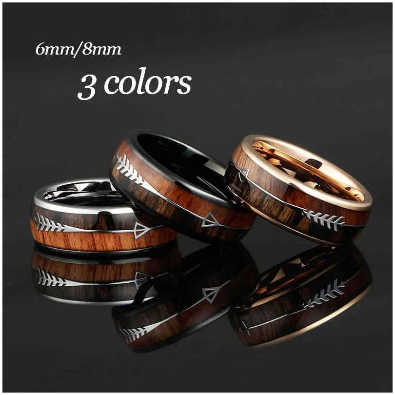 Couple Rings 6/8Mm Tungsten Carbide For Men Women Bands Nature Koa Wood Arrow Inlay Engraving Comfort Fit Drop Delive Dhgarden Dhv7F