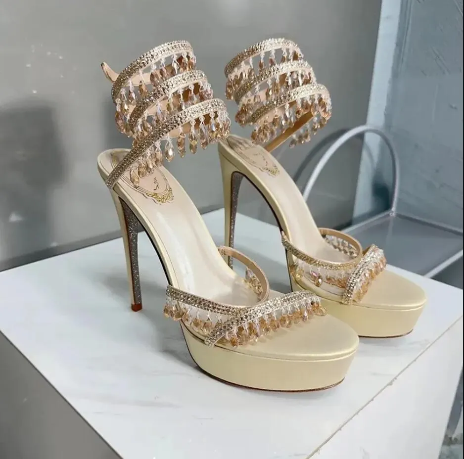 Crystal Chandelier Platform Heels Sandaler Snake Shaped Winding Stiletto Högklackade sandaler Womens Dress Shoes Rhinestone Luxury Designers Party Shoes With Box