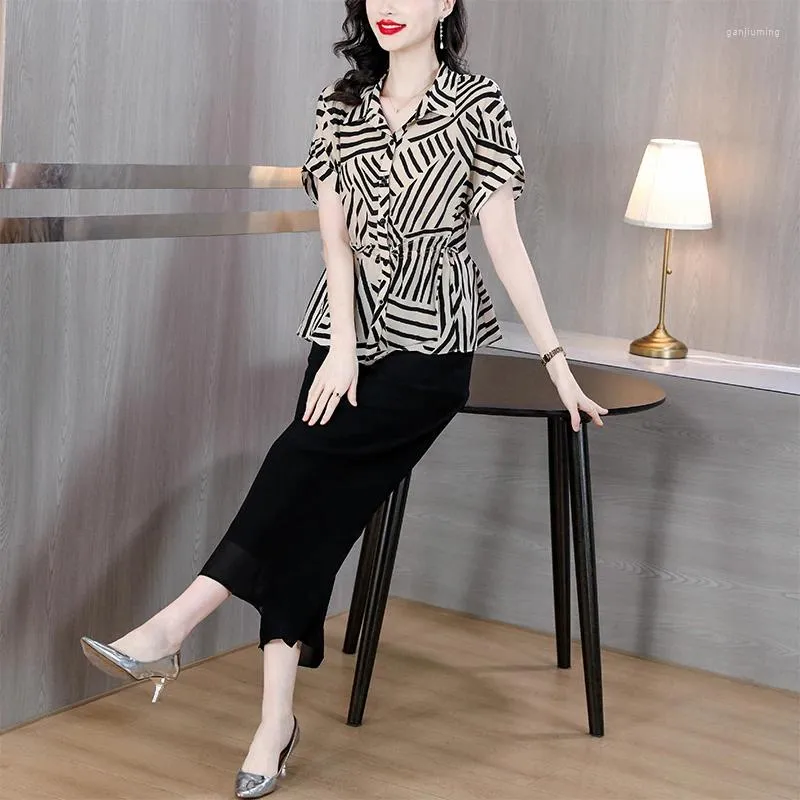 Women's Two Piece Pants 2023 Summer Silk Stripe Print Polo Neck Short Sleeve Long Set For Loose Large Slim Mesh