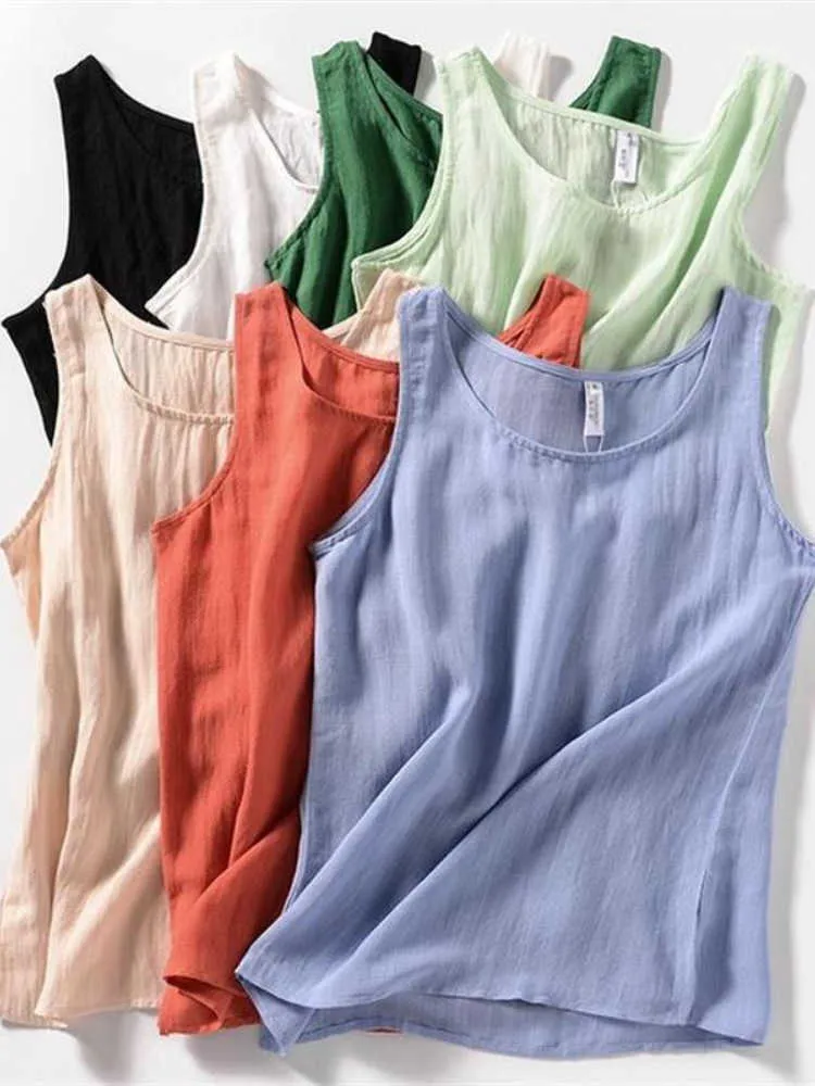 Kvinnors tankar Camis Summer Women's Tops Cotton and Linen Shirt ärmlös Kvinna Basic O Neck Camis Solid Color Loose Tank Tops för kvinnor P230322