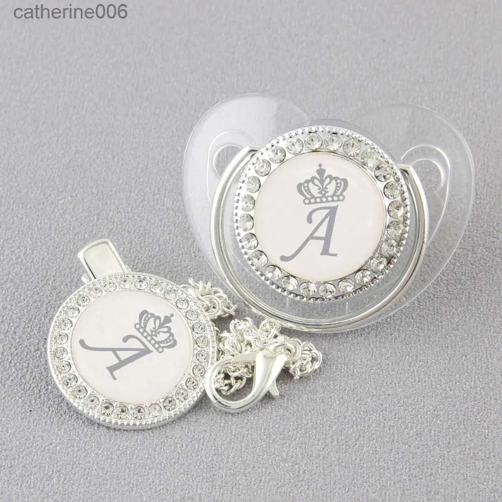 Pacifiers# Luxury Silver Crown 26 Name Initial Letter Transparent Baby Pacifier Chain Clip Newborn Infant Soother Orthodontic Baby PacifierL231104