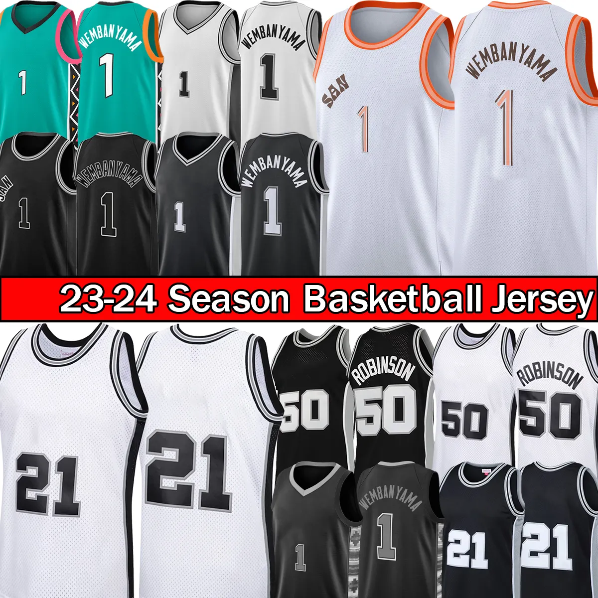 Victor Wembanyama Spur basketbalshirts San City Antonio Jersey Spures 2023 wit Zwart groen David 50 Robinson Retro Jersey