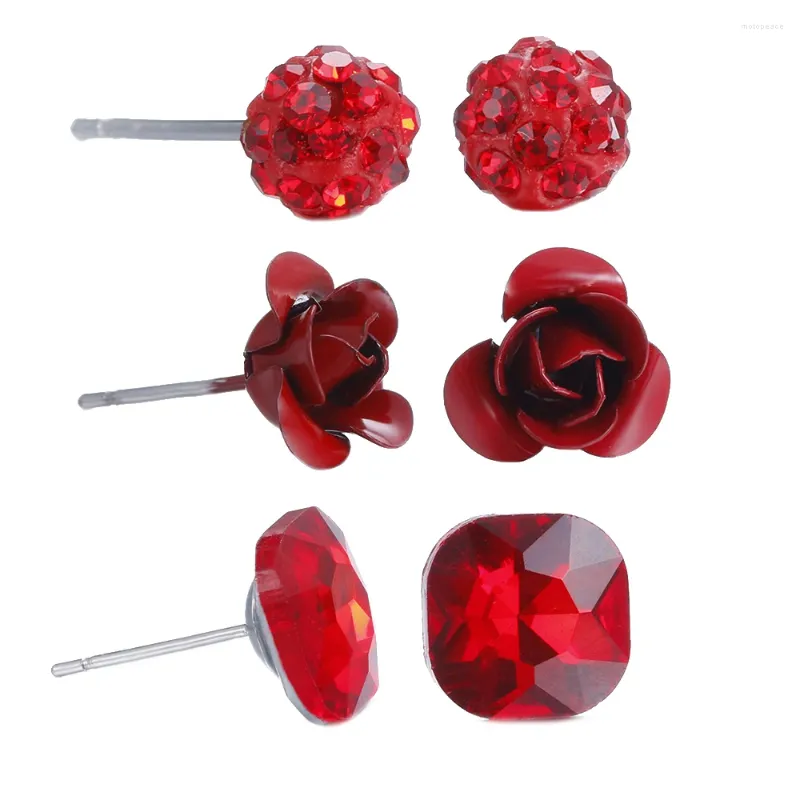 Серьги-гвоздики Lureme, 3 пары, красные стразы, хрустальный шар, железная роза, квадратные женские элегантные украшения для девочек (er005465)
