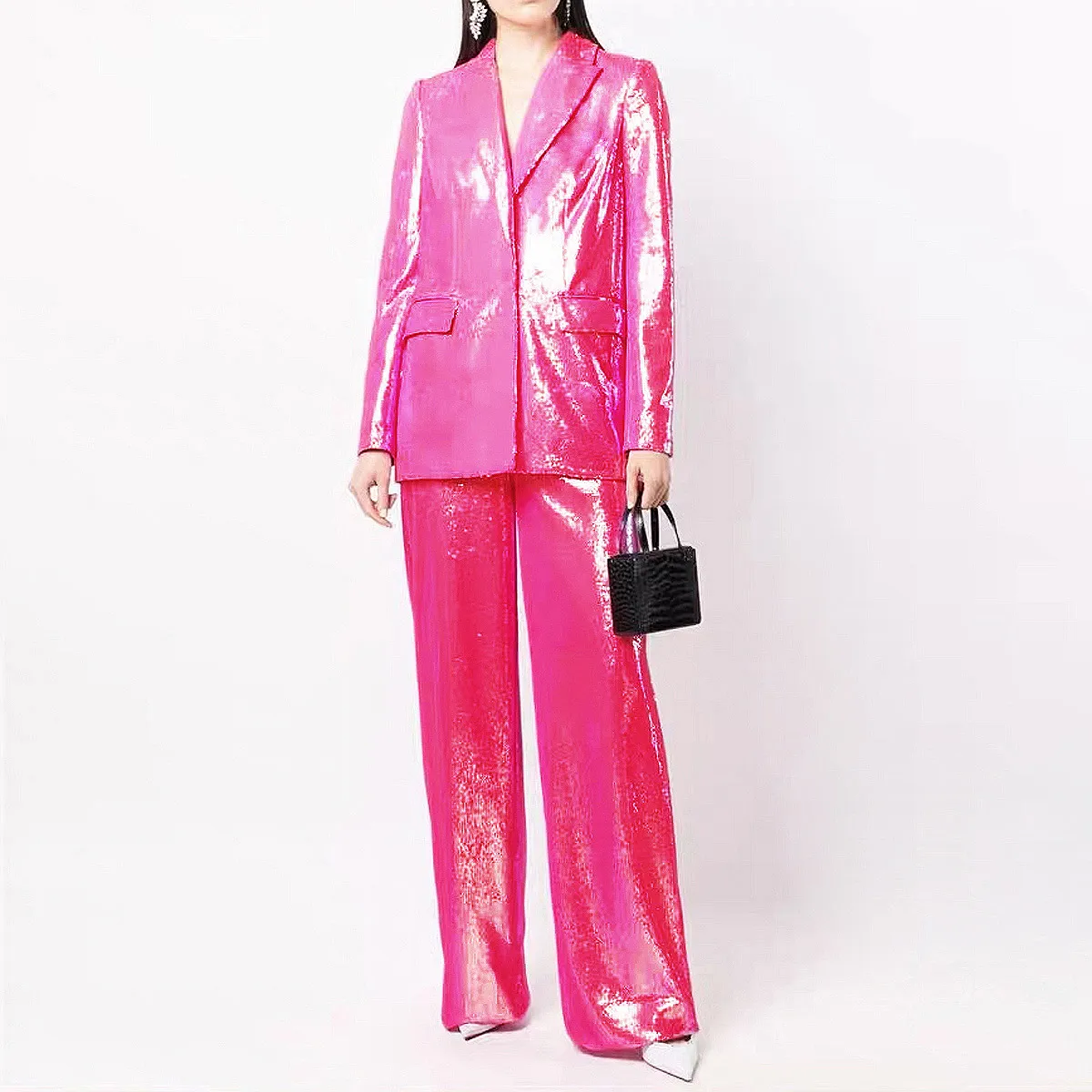 BA0022 BLING BLING Deep V-Neck Women's 2-Piece Suit Split Collar Single Buckle Rose Pink Sequin Mid Length Suit &Pants Luxury Set