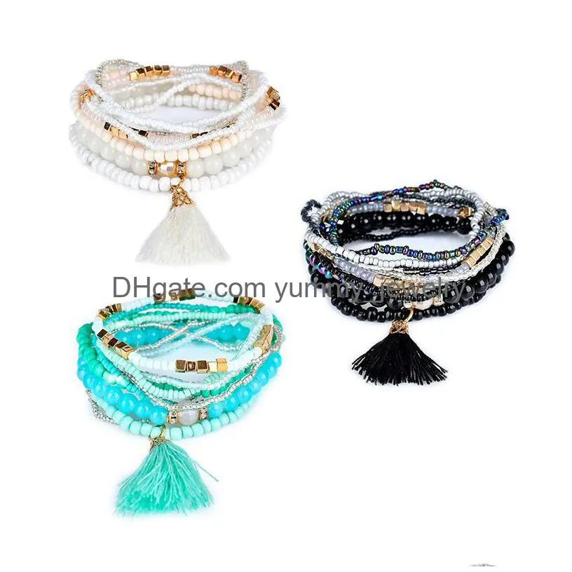 Charm Bracelets 6 Colors Boho Beach Mtilayer Crystal Tassel Charm Beaded Bracelets For Women Bohemian Layered Beads Chains Wrap Bangle Dhole