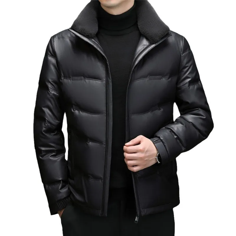 Hommes hiver doudoune manteaux col de fourrure en cuir véritable vestes épais dessus chaud vêtements d'extérieur coupe-vent noir