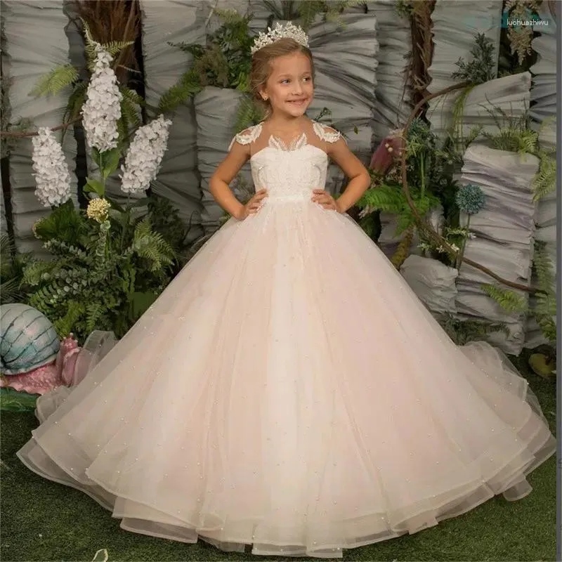 Girl Dresses Wedding Flower Three-Dimensional Pearl Mesh Glitter Lace 2-14 Year Old Birthday Party Gown First Communion