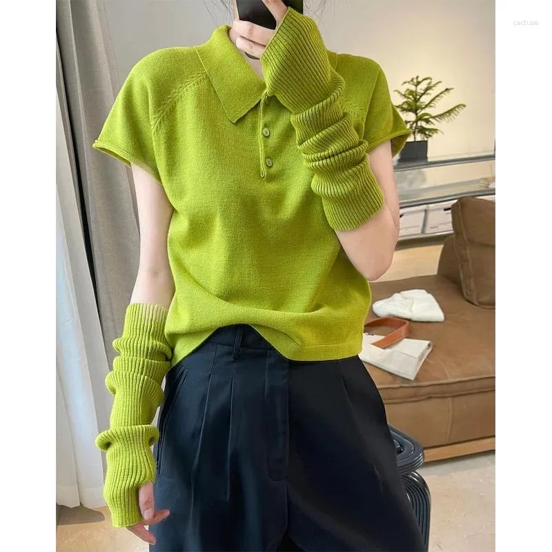 Suéteres femininos primavera mulheres de manga curta de malha lapela manga de duas peças casual tops braço aquecedor oversleeve amarelo-verde pullovers macios