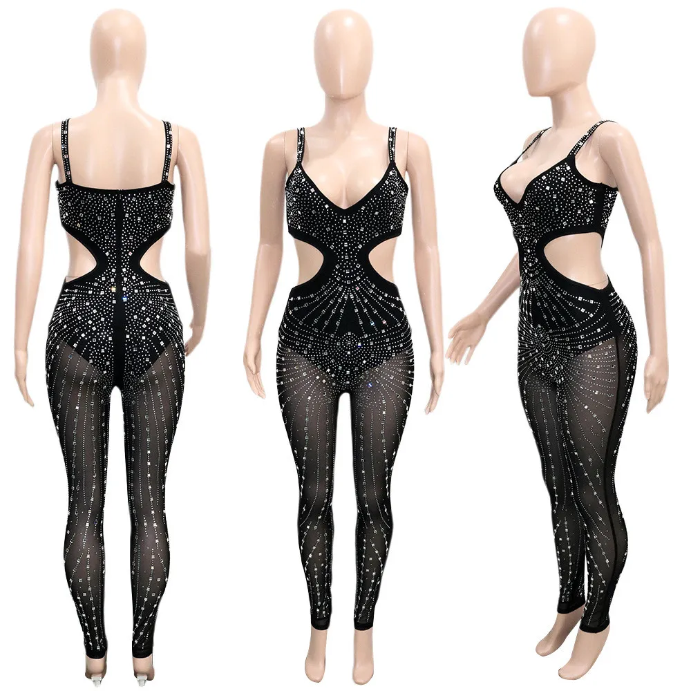 Designer Rhinestone Diamonds Jumpsuits Women Spaghetti Straps Rompers Sexy Mesh Sheer See Through Jumpsuits Party Night Club Wear Wholesale Clothes 10331