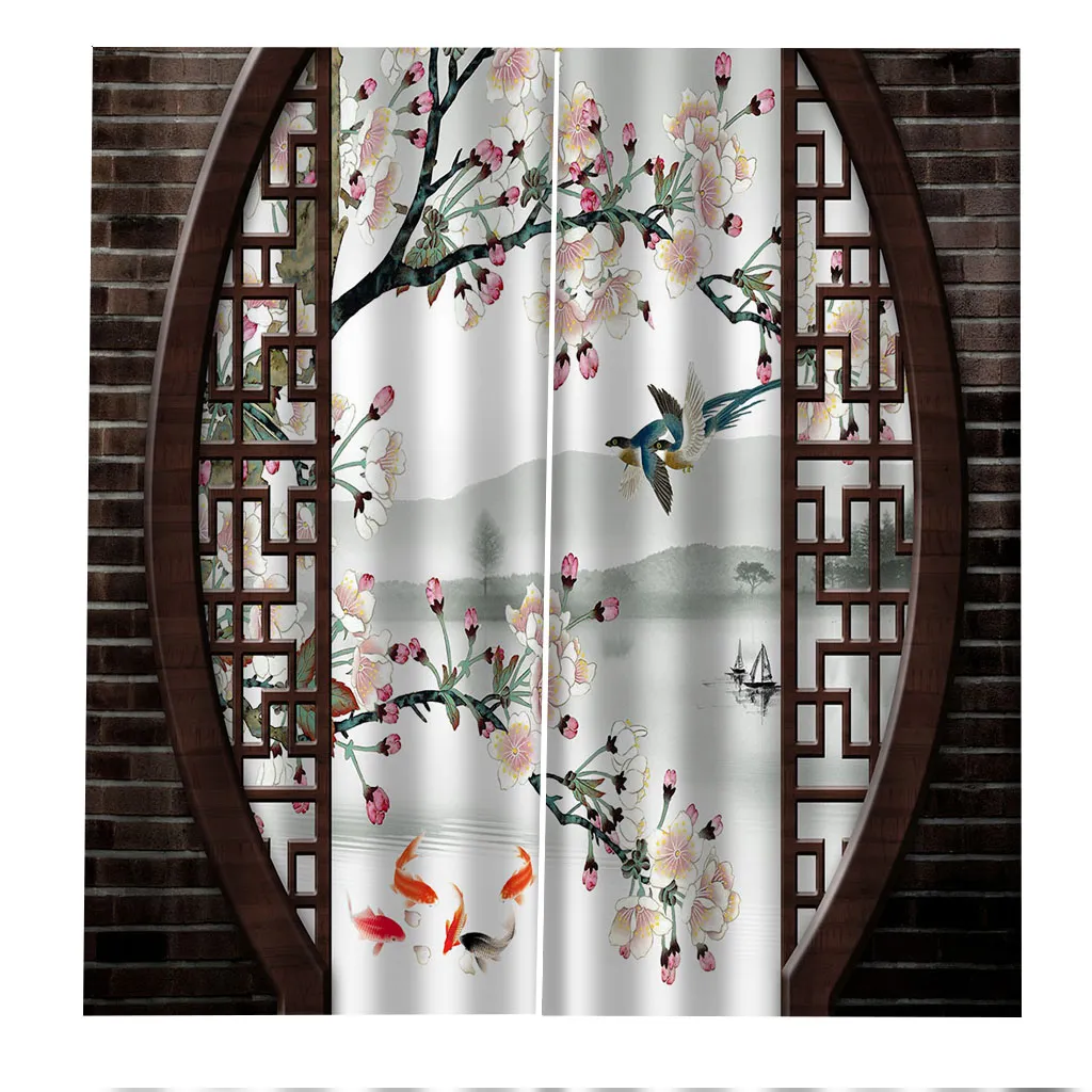 Classic Home Decor Curtain Design 3D Curtain Chinese Style Brick Plum Birds and flower curtain Shade Window Curtains For Bedroom