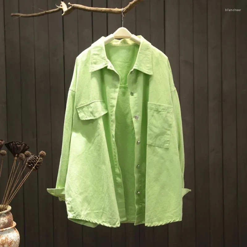 Blusas femininas sólido verde camisas femininas verão turn-down colarinho de manga comprida botão bolso casual todos os jogos feminino outwear topos
