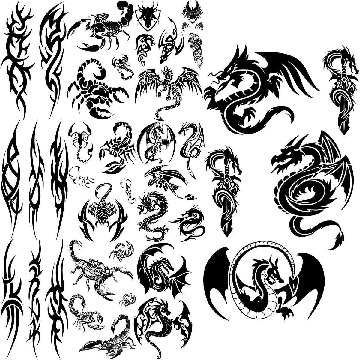 5 PC tillfälliga tatueringar svart drake tillfälliga tatueringar för kvinnor män realistiska skorpion törnen totem falsk tatuering klistermärke arm back tatoos body art tribal z0403