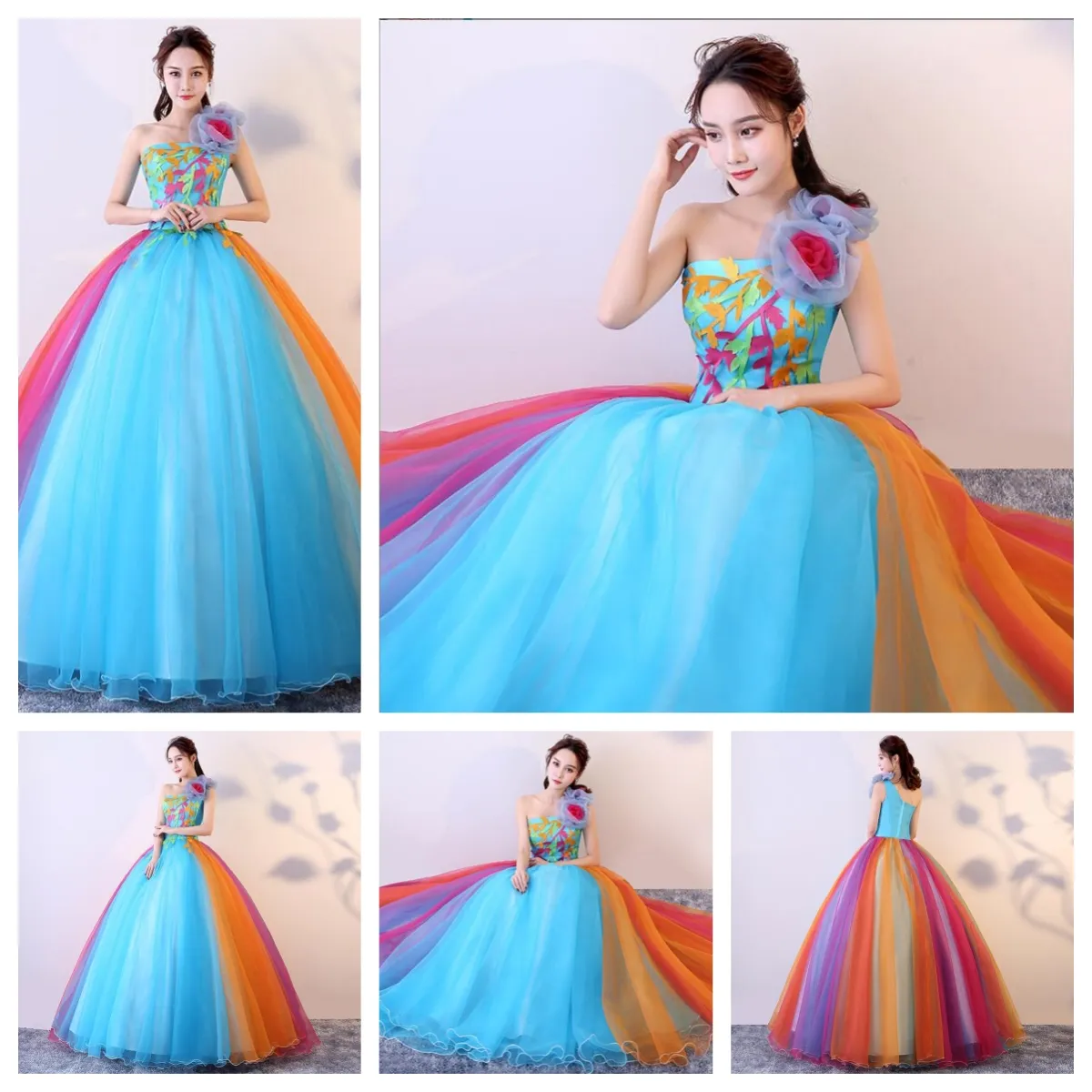 Prom Dresses Rainbow Organza Crystal Strapless Backless Flower Ball Gown Aftonklänningar Golvlängd Plus Size Formal Dress Drop Deli DH21N