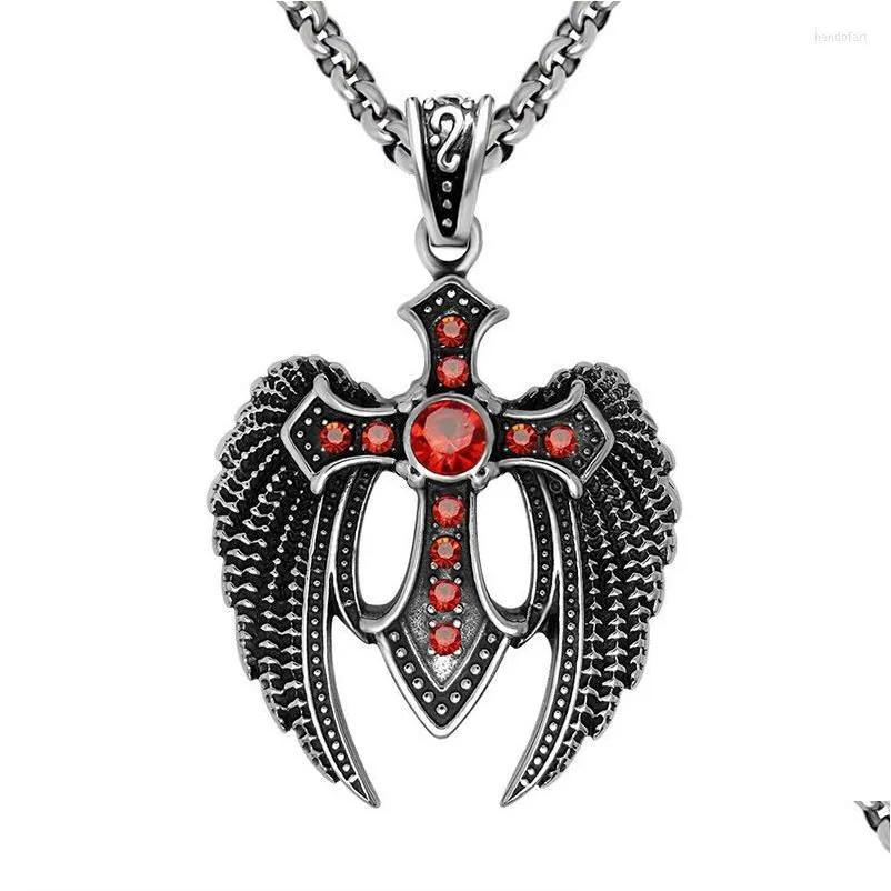 Anhänger Halsketten Anhänger Halsketten Miqiao Edelstahl Titan Rot Zirkon Gothic Adler Vintage Kragen Ketten Halskette Für Männer Wom Dhsbj