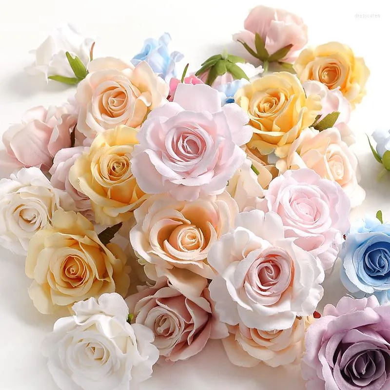 Decorative Flowers 5/10pcs Silk Rose Artificial Flower Head Scrapbooking Home Wedding Wall Decoration Christmas DIY Wreath Candy Box Cake