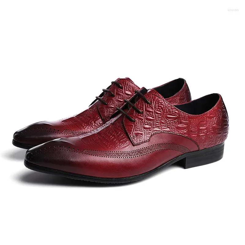 Chaussures Habillées Hommes Formelle Décontractée Crocodile Motif À Lacets Bout Pointu En Cuir Véritable Noir Hommes Brogues Oxfords