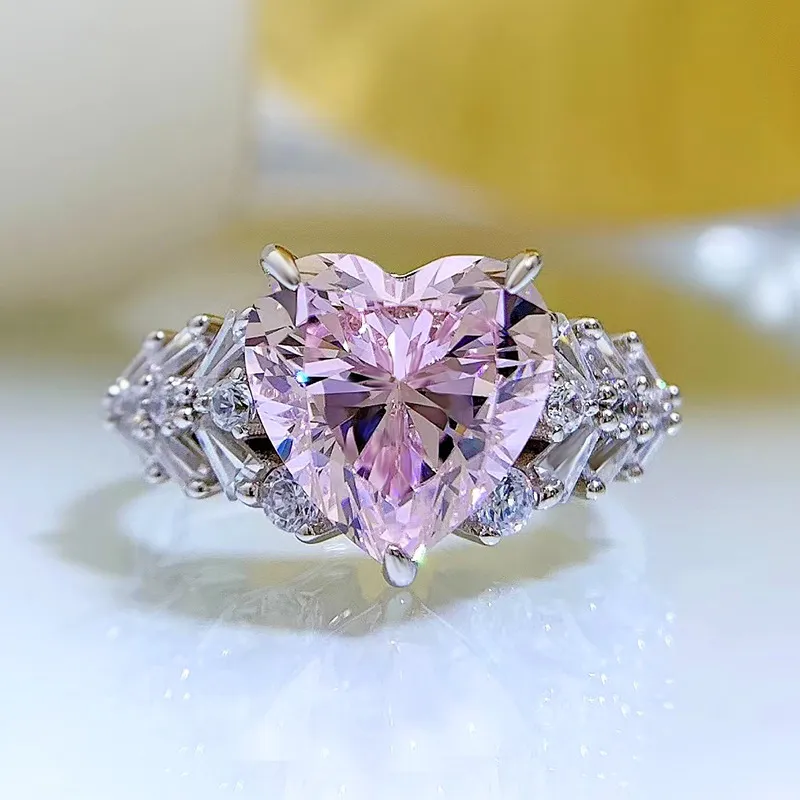 Hart 4ct Roze Diamanten Ring 100% Echte Sterling Sier Party Wedding Band Ringen voor Vrouwen Bruidsbelofte Engagement Sieraden