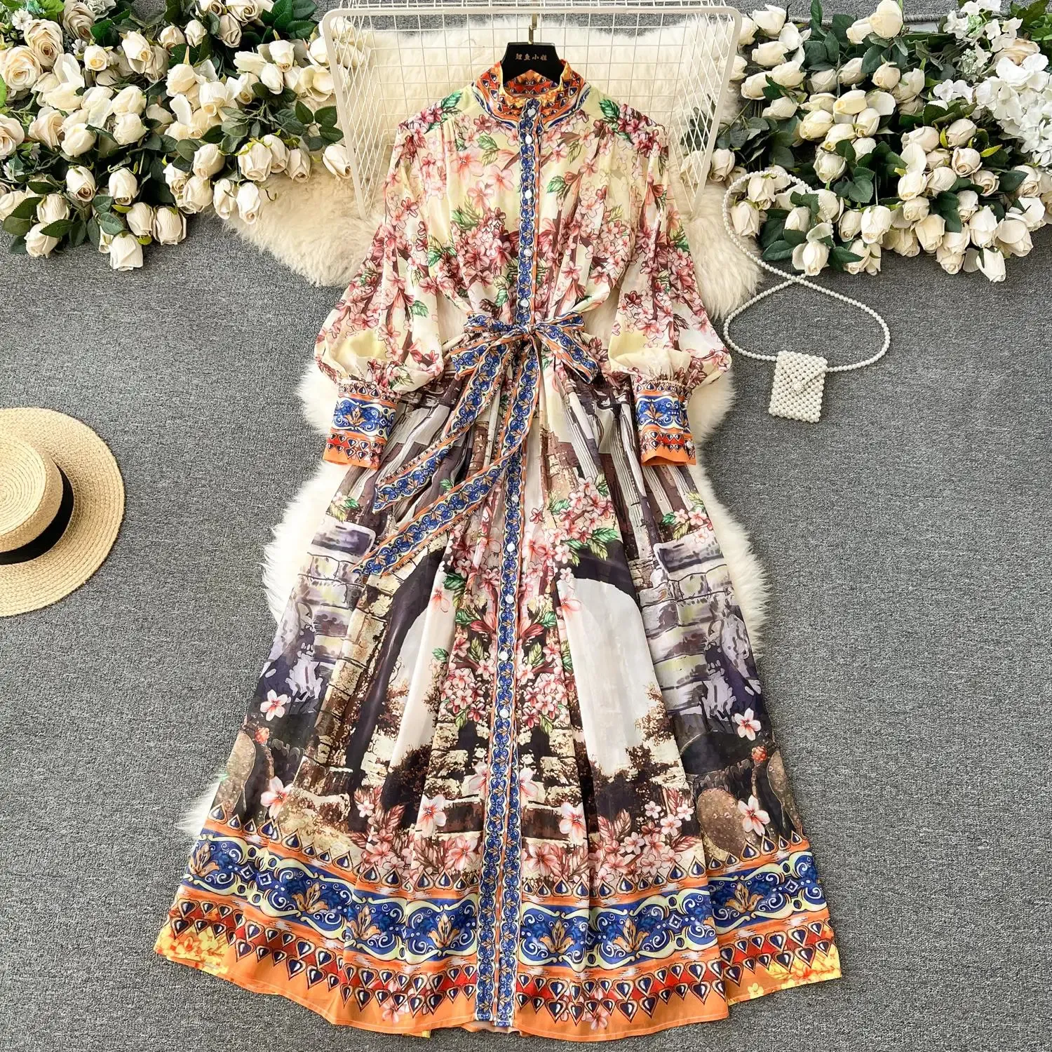 Basic Casual Women Dresses Fashion Runway Flower Chiffon Long Maxi Dress Women Stand Collar Lantern Sleeve Floral Print Belt Lace Up Boho Robe Vestidos 2024