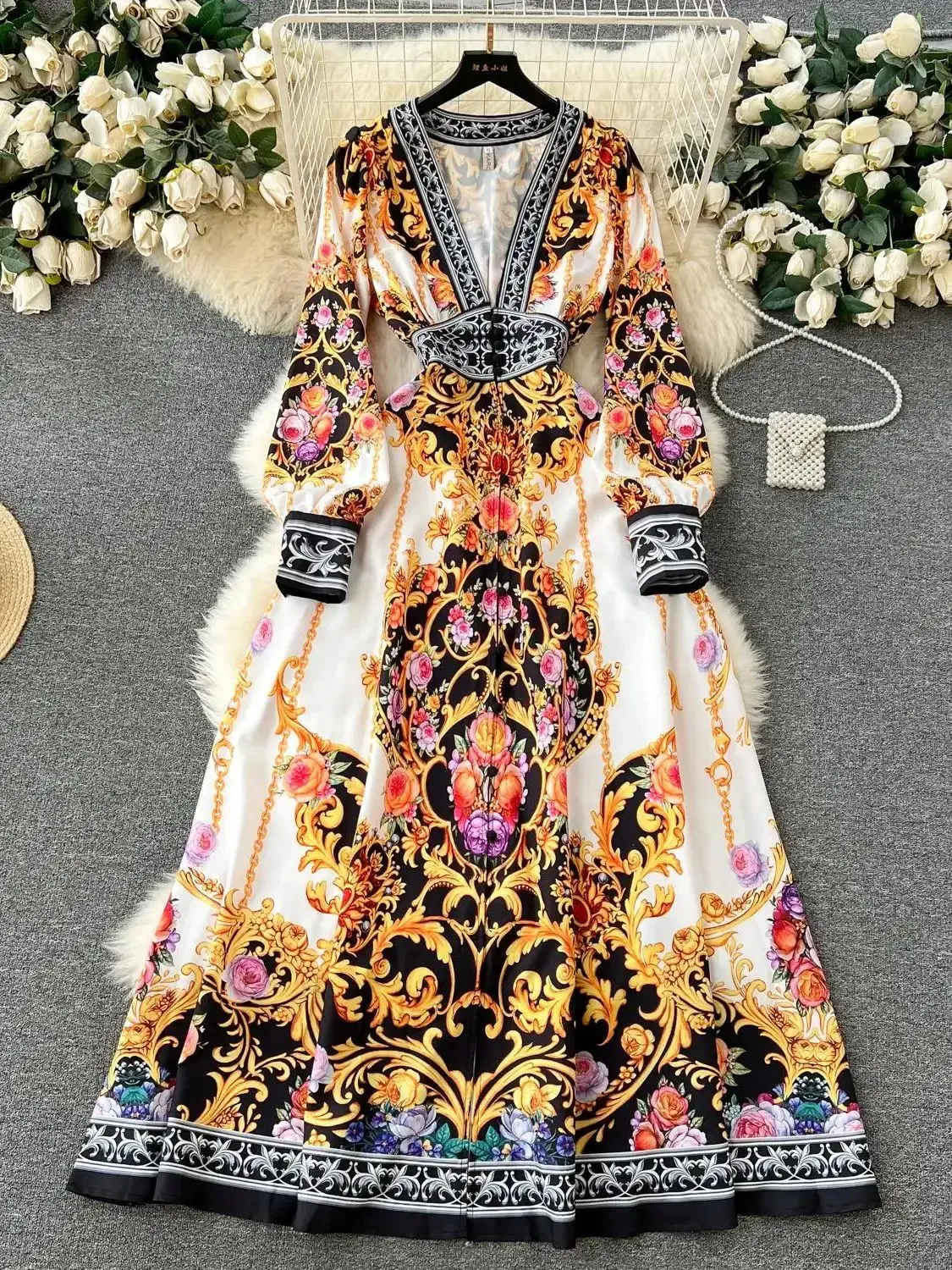 Basic Casual Women Kleider Frühlings Sommer Landebahn Barock Chiffon Maxi Kleid Deep gegen Neck Langarm Print Holiday Party Split Robe Vestidos