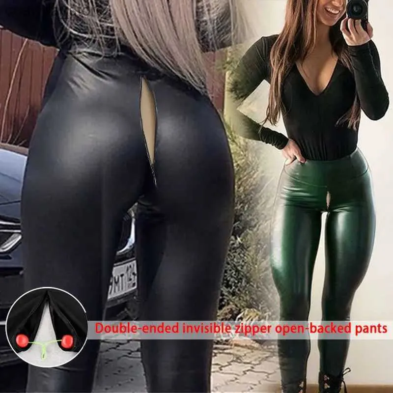 Kobiety legginsy erotyczne kobietę otwartą skórzane majtki flash pu krocze legginsy z ukrytym zamkiem zamkiem parą na zewnątrz spodnie seksualne klub taneczny Q231104