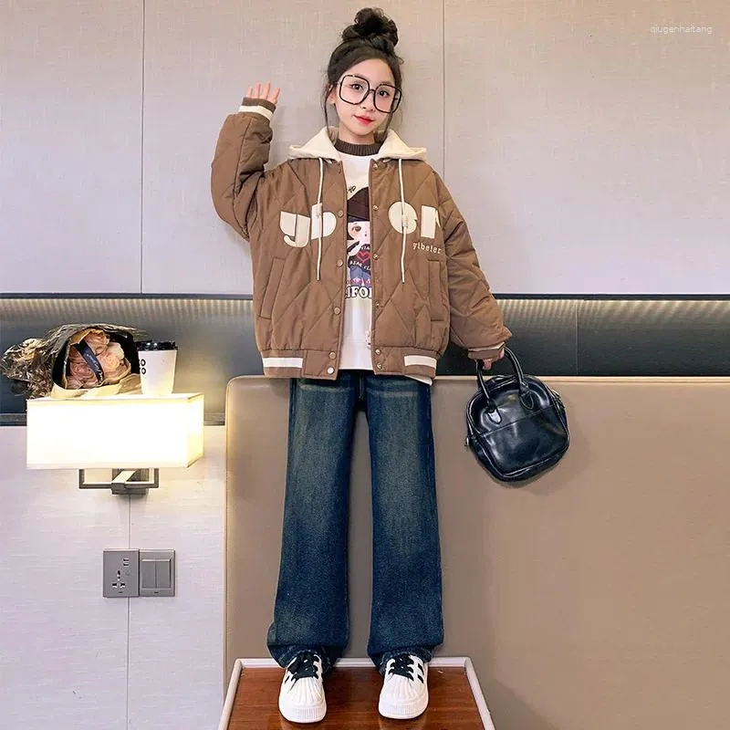 Down Coat Korean Winter Children Girl Thicken Jacket Tonåring Huven Letter Windproof Warm Cotton Outwears School Coats