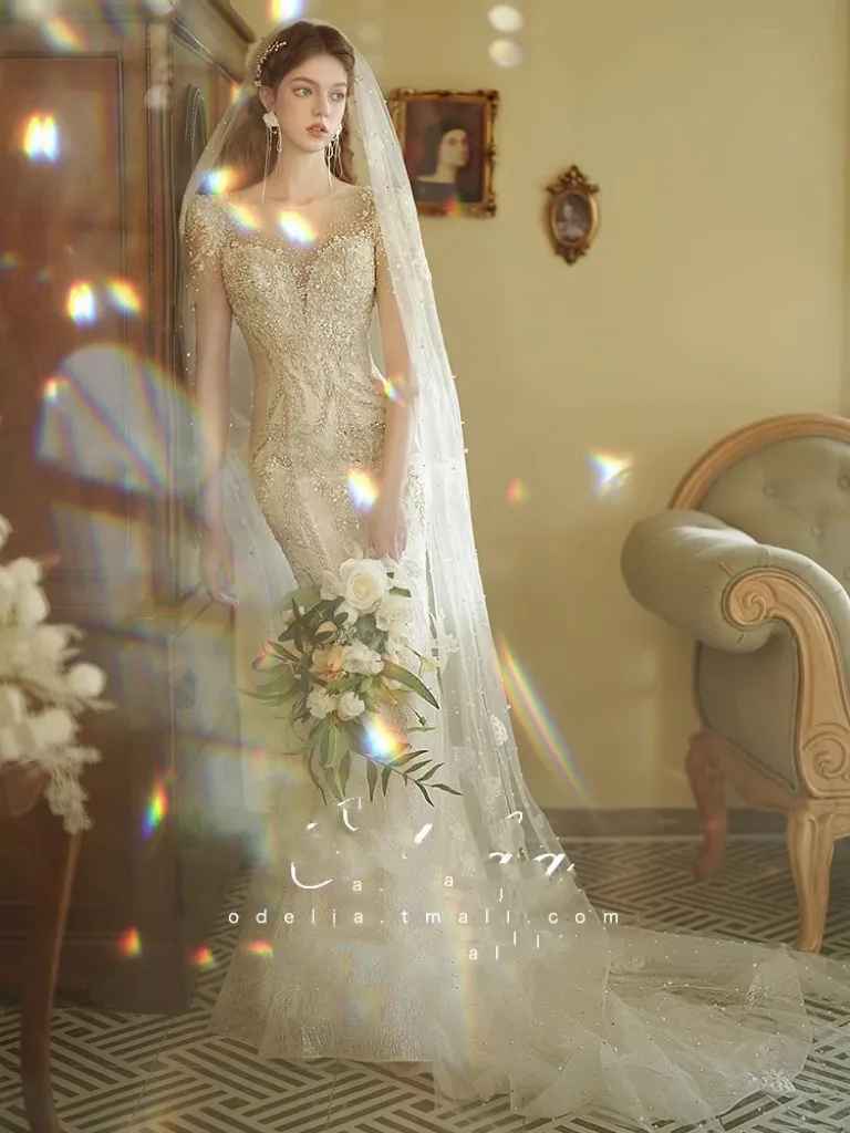 Shiny Lace lorie mermaid wedding dress with Pearls and Beads, Tiered Ruffles, and Embellishments - Perfect for Turkish Couture, Dubai, or Arabic