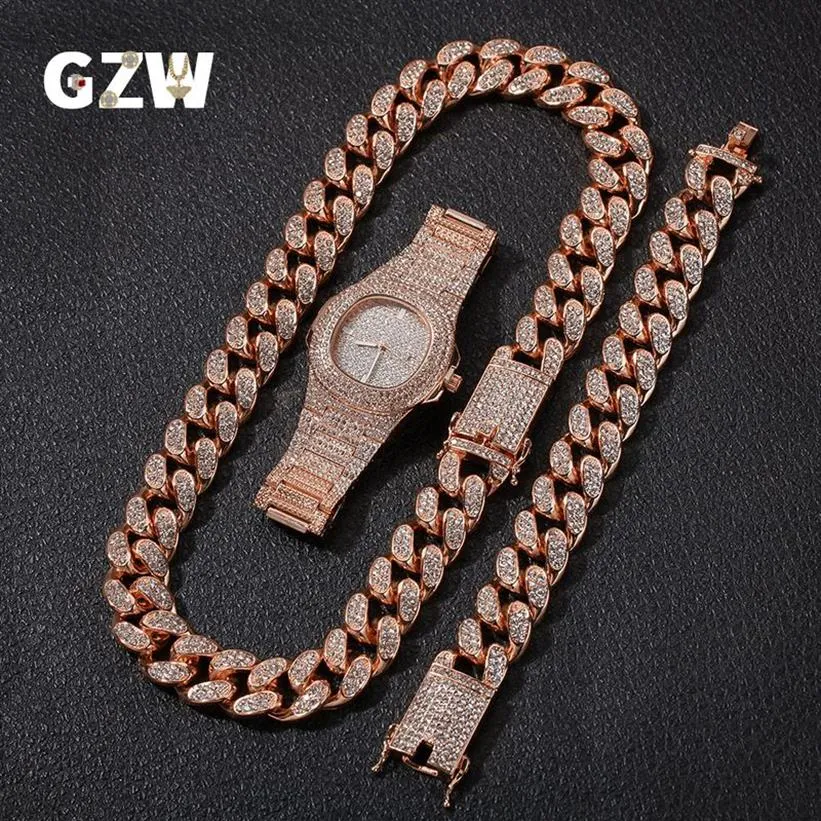 Neue Mode personalisierte 20mm Gold Blingbling Herren kubanischen Link Kette Halskette Armband Uhr Set Hip Hop Rapper Schmuck Geschenke für M296a