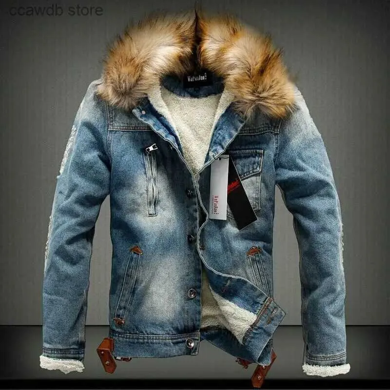 Homens Down Parkas Inverno Mens Denim Jaqueta Oversized Gola De Pele Retro Rasgado Lã Engrossar Jaqueta Jeans Para Roupas Masculinas Outono Inverno Casaco S-6XL T231104