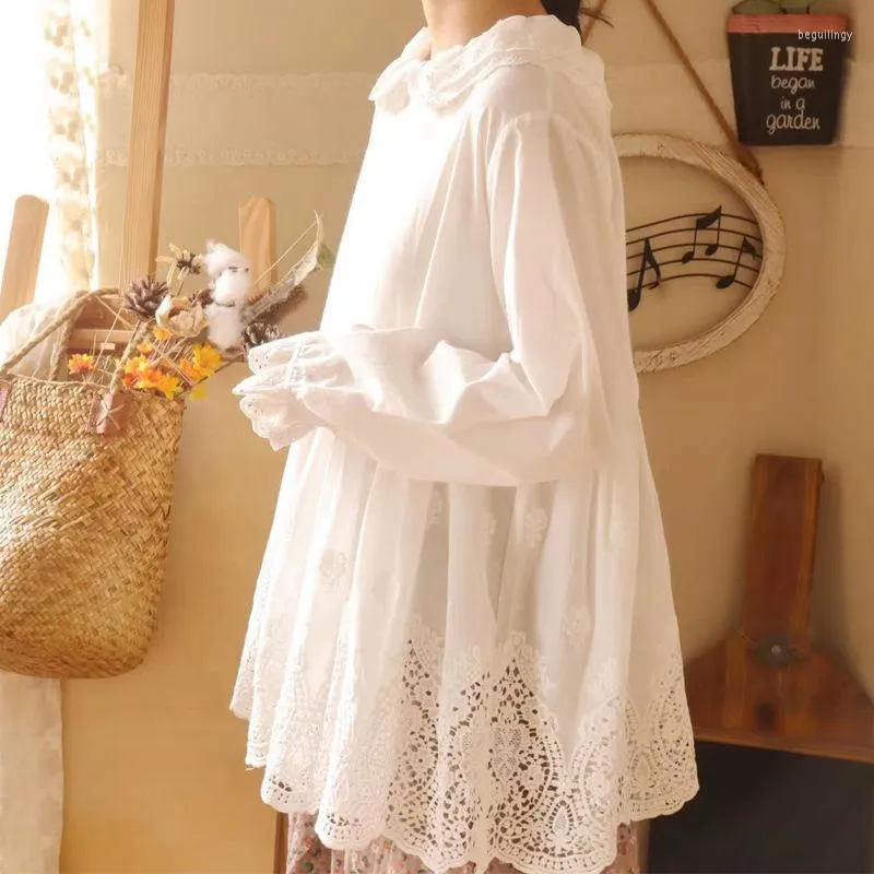 Kadınlar bluz Japon mori kız bahar sonbahar gömlek dişi tatlı dantel bebek boyun gevşek pamuklu keten taç kılıf sevimli lolita üst