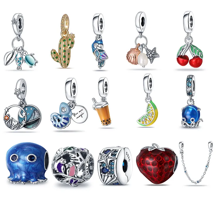 925 Pfund Silber New Fashion Charm Original Runde Perlen, schwimmender Fisch, Schildkröte und Muschel Dreifaltigkeitsanhänger Perlen Sommerstrand, kompatibles Pandora-Armband, Perlen