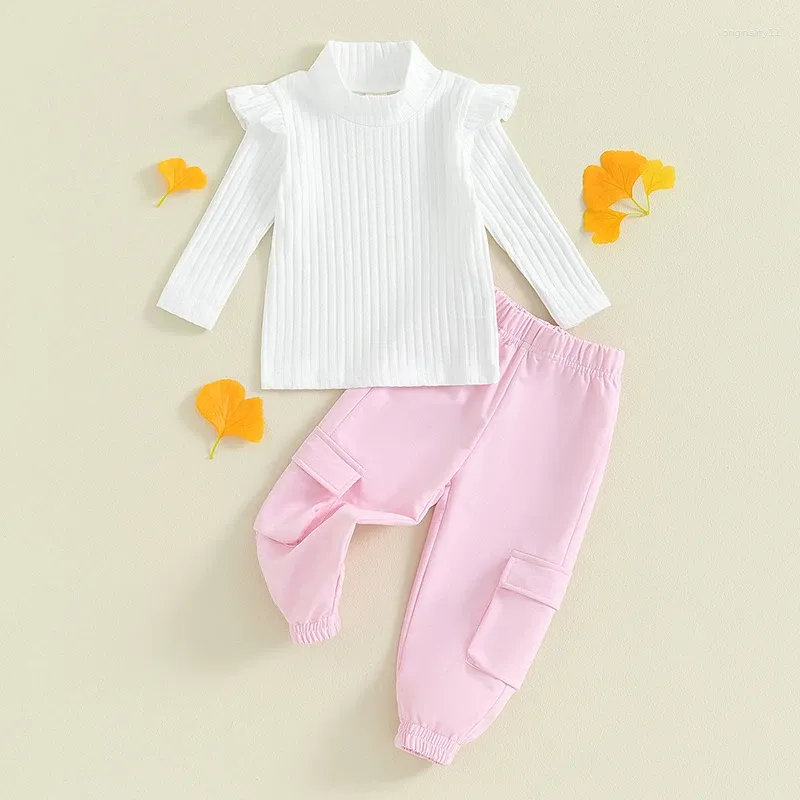 Ensembles de vêtements Focusnorm 0-5Y Mode Petites filles Automne Vêtements Col roulé à manches longues à volants Tops Pantalons cargo solides