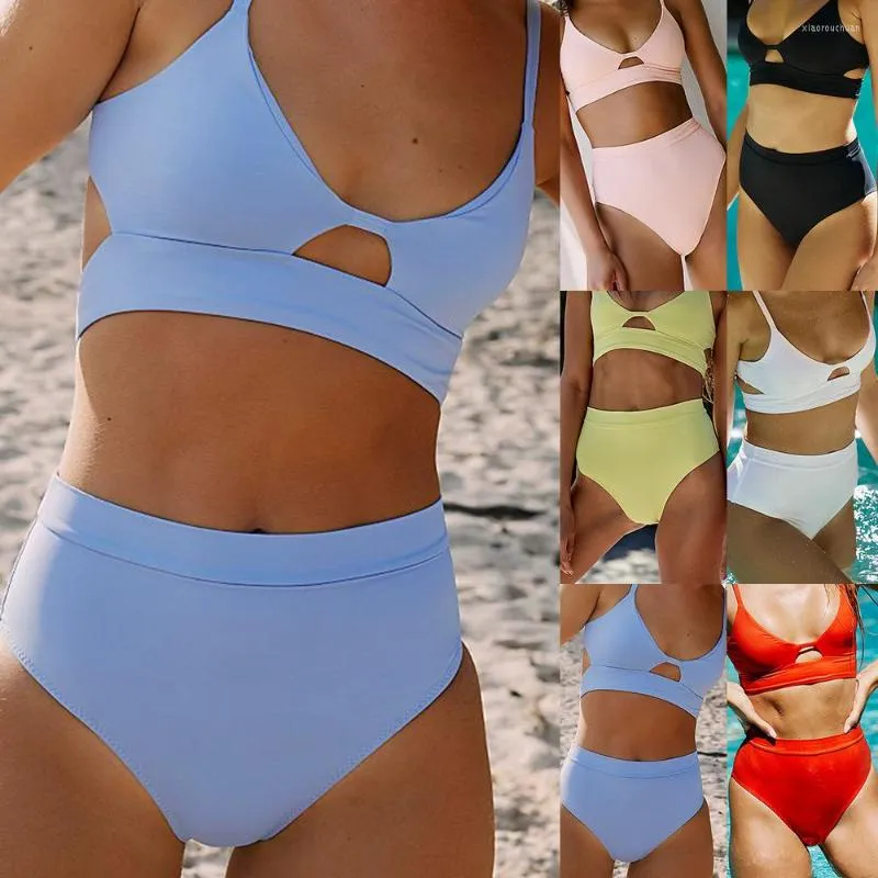 Costumi da bagno da donna 2023 Commercio all'ingrosso di fabbrica di bikini spaccati a vita alta multicolore in tinta unita sexy europea e americana