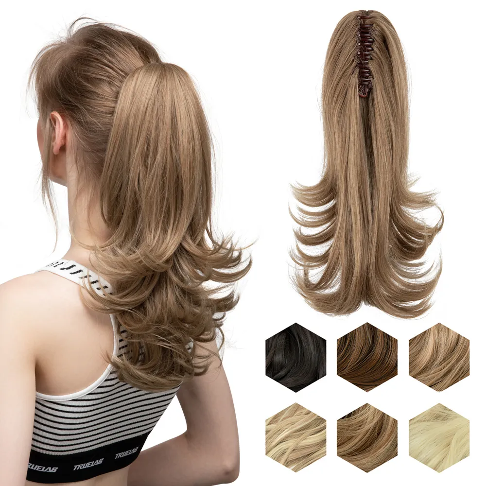 Ponytails Synthetic Claw Clip In Ponytail Hair Extensions Hairpiece 14" Fake Blonde Hair Wavy False Pigtail With Elastic Band Horse Tail 230403