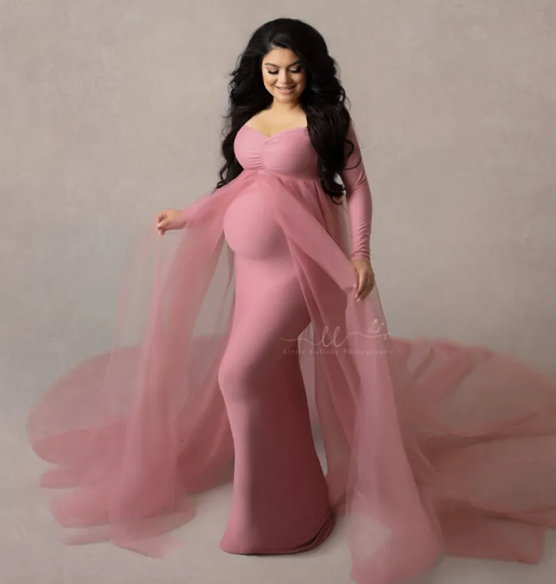 임산부 드레스 핑크 포 그래피 소품 임산부를위한 어깨없는 임신 긴 드레스 Maxi Gown Baby Showers Po Shoot 230404