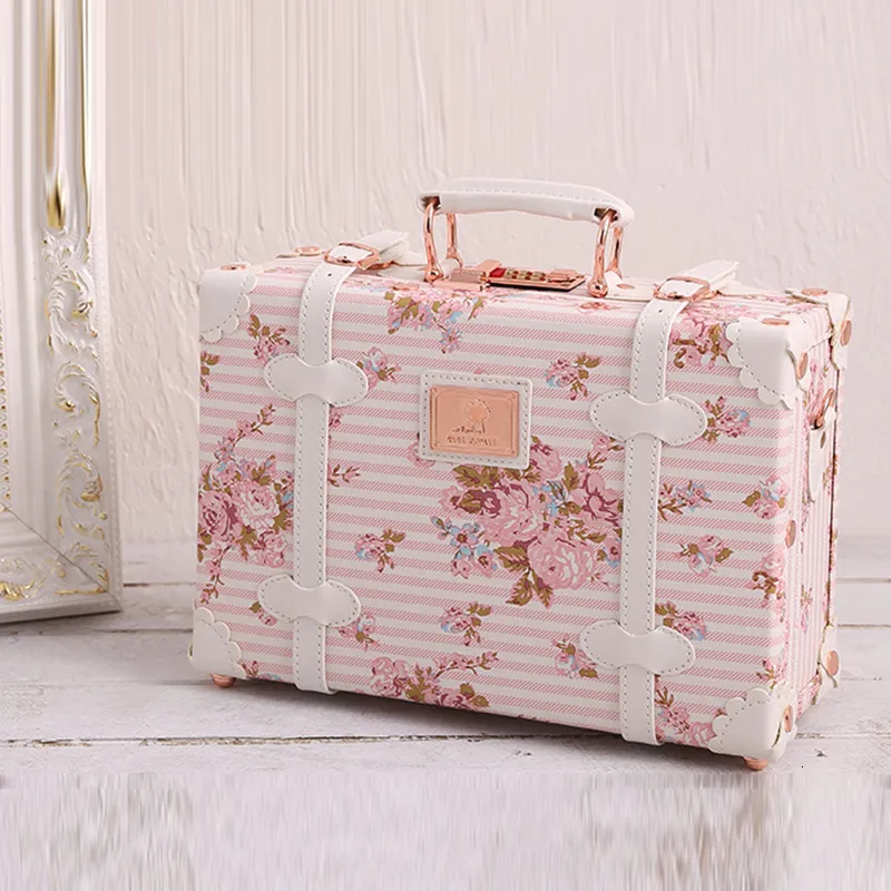 Suitcases Fashion Floral PU Torba turystyczna Zestawy bagażu 13 cali Kobiety Retro Trolley Suitcase z uniwersalnymi kółkami 230404