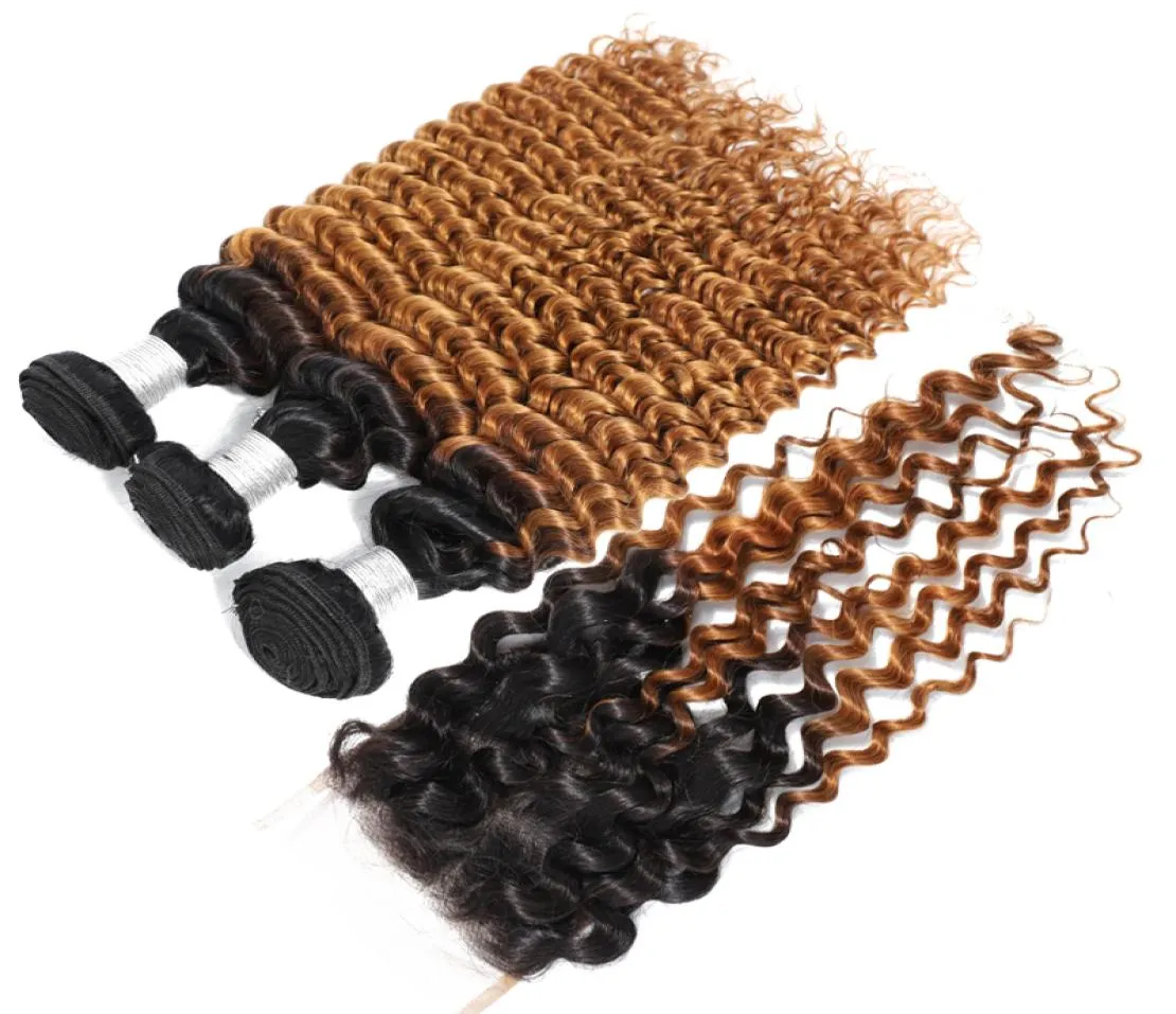 1B 27 ombre honung blondin med stängning Deep Wave Human Hair Weave 3 4 Bunds med spetsstängning Brasiliansk jungfruhår8835168