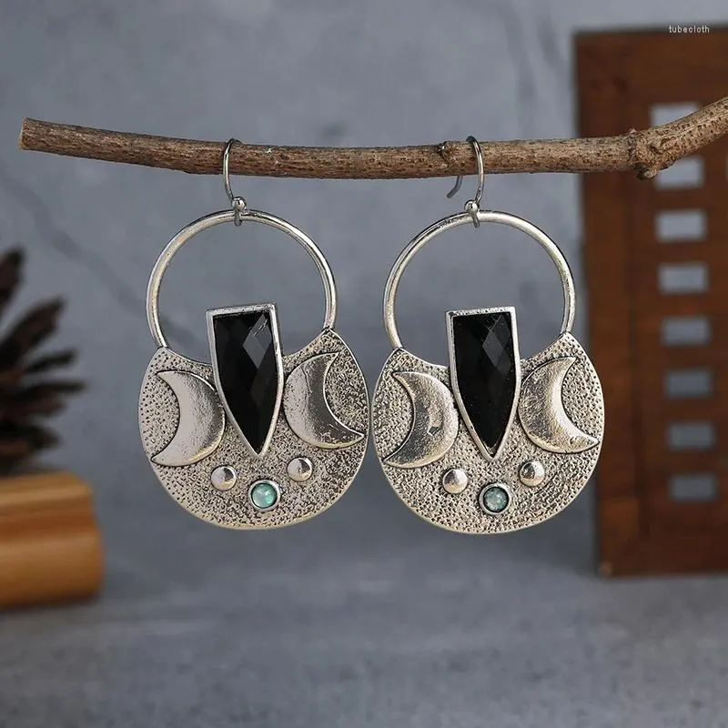 Pendientes colgantes vintage de piedra negra, joyería geométrica, triángulo, oreja hueca para mujeres y niñas