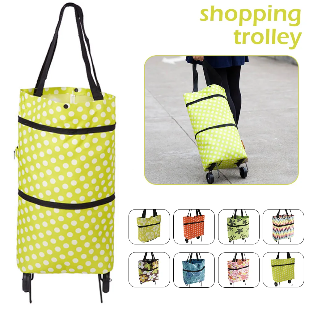 Shopping Bags Folding Pull Cart Trolley With Wheels Foldable Reusable Grocery Food Organizer Vegetables 230404