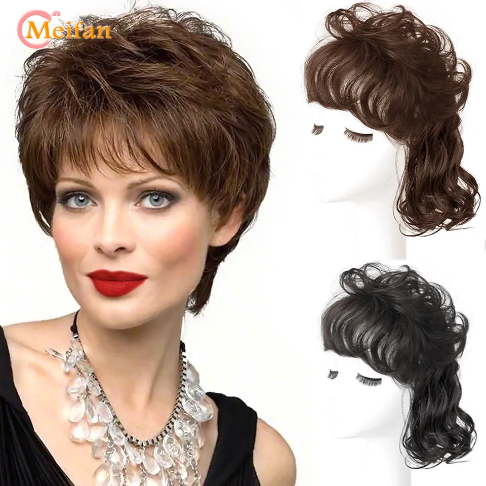 Bangs MEIFAN Topper Closure Wavy Curly Hairpieces Clip In Hair Extension Natural Black Brown Hair with Bangs Cover Gray top Hairpieces 230403
