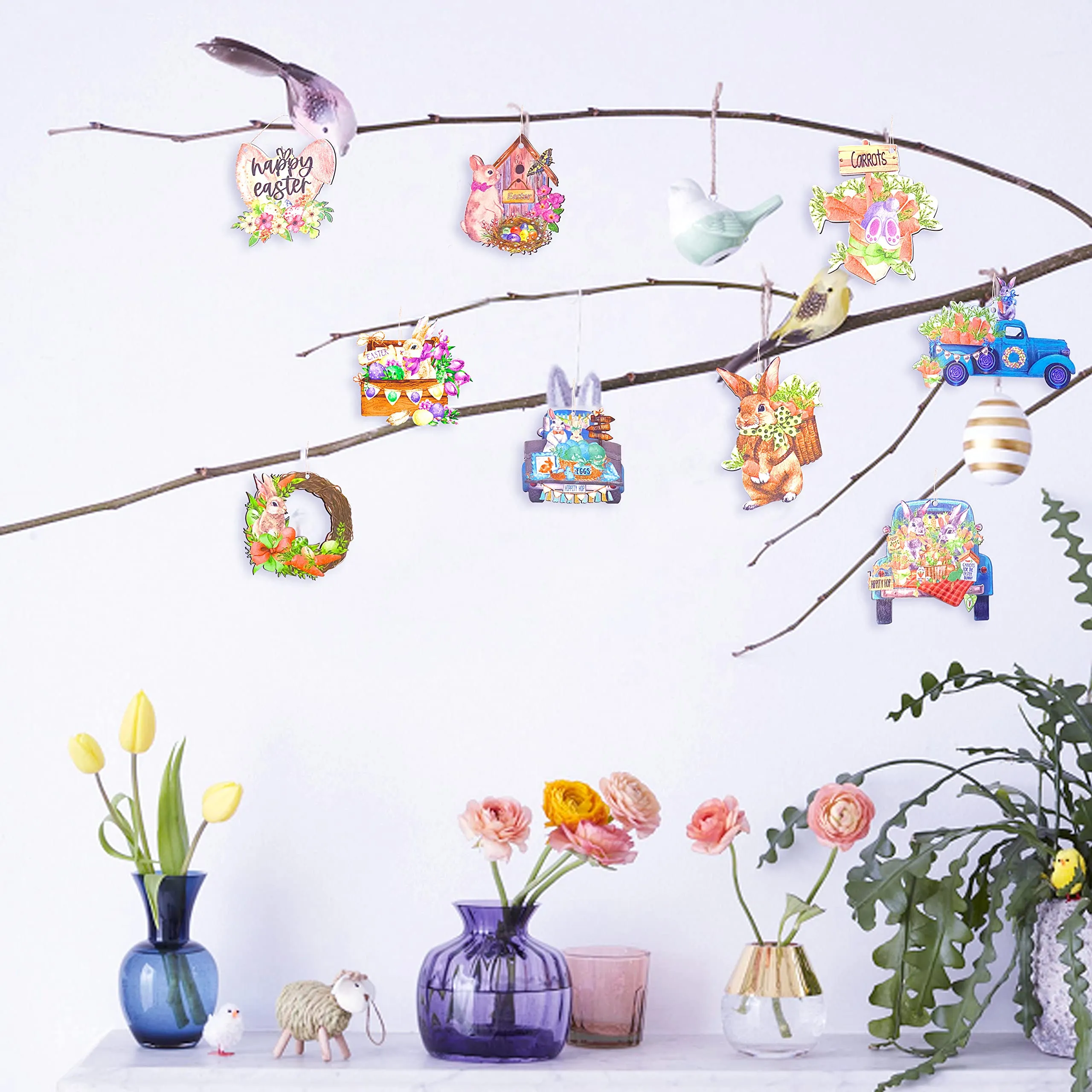 easter hanging bunny ornaments vintage floral spring bunny eggs carrots flower truck happy easter sign tree ornament pendant banner decorations for spring easter party home decorations supplies