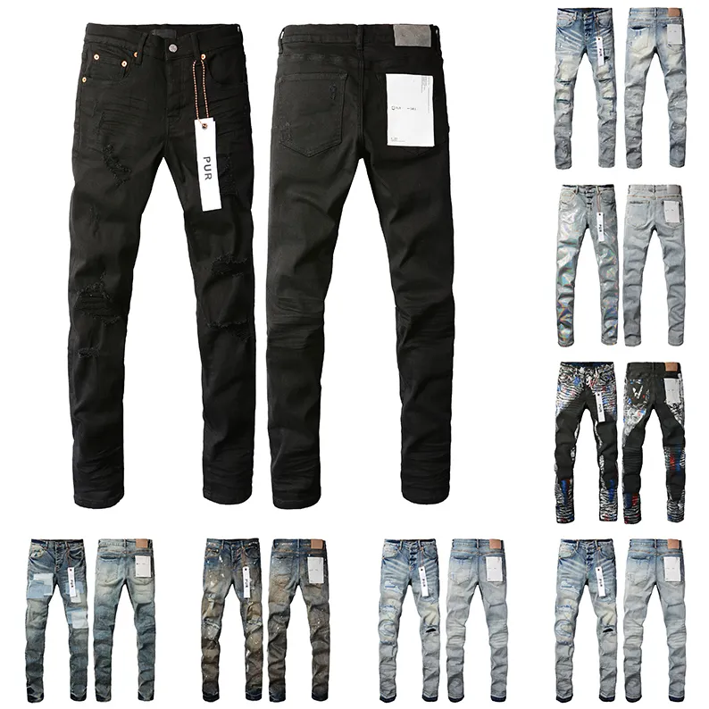 Jeans da uomo firmati viola Moda motociclisti strappati invecchiati Pantaloni cargo in denim da uomo neri