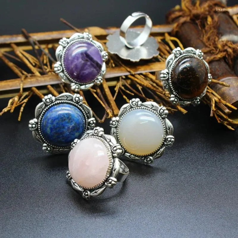 Bagues de cluster Big Round Natural Stones pour femmes Reiki Crystal Turquoises Rose Quartz Bague réglable Bandes Déclaration Bijoux Rétro Punk