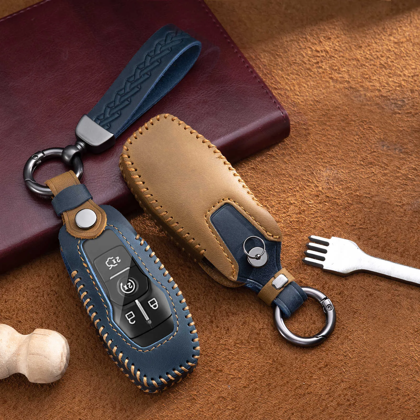 Genuine Leather Key Fob Cover Case For Ford Fusion, F150, Explorer, Mustang, Bronco