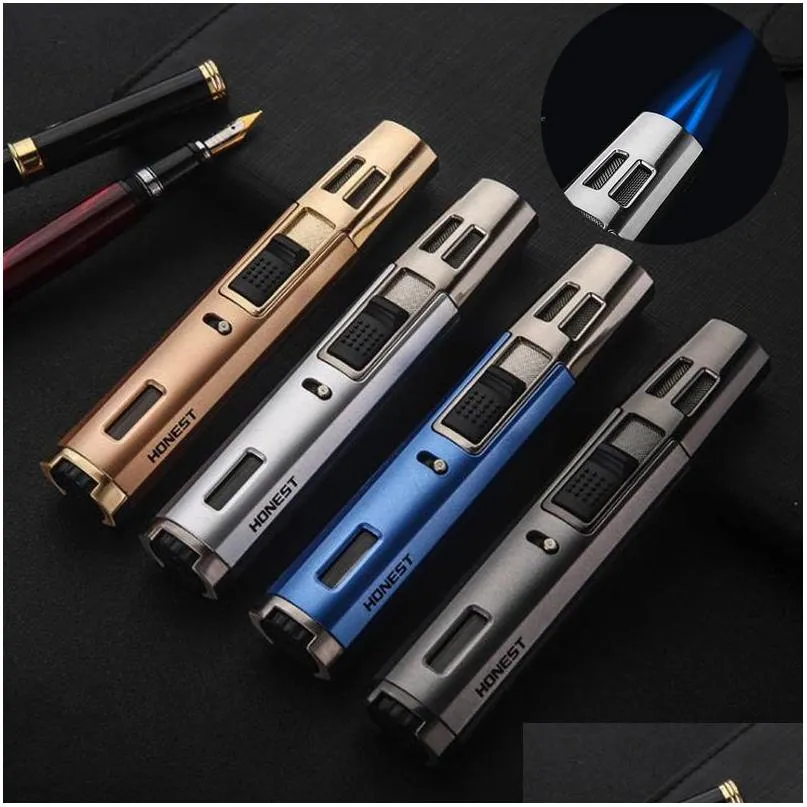 Lighters Double Cross Flame Butane Torch Lighter Outdoor Metal Portable Long Strip Windproof Gas Cigarette Cigar Gadgets For Men Drop Dhzbk