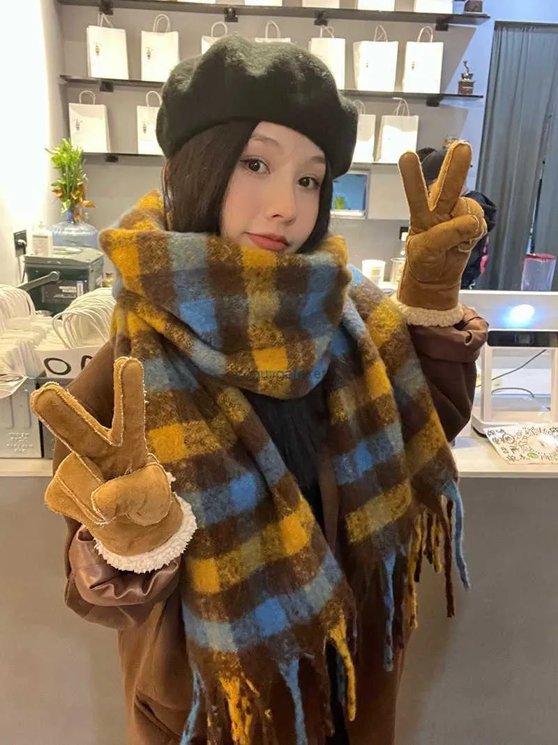 スカーフチェッカー冬の女性のためのニットニットスカーフ新しいループヤーンウォーム模倣カシミア学生肥厚した首韓国ティー0ZWS