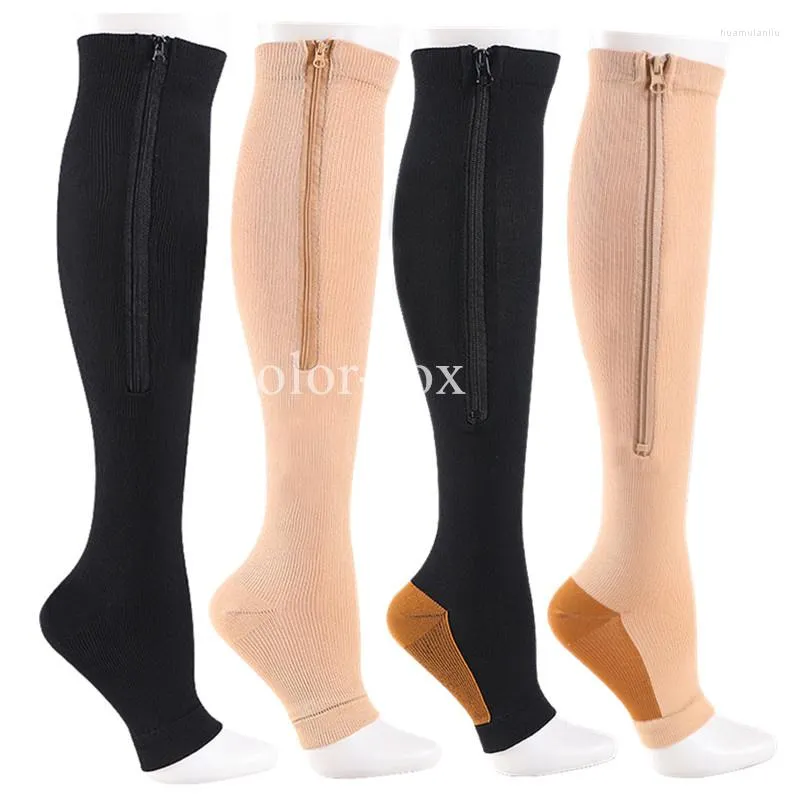 Chaussettes de sport Compression Course à pied en plein air Randonnée Hommes Femmes Genou Haute Zipper Anti-Fatigue Stretchy Sox