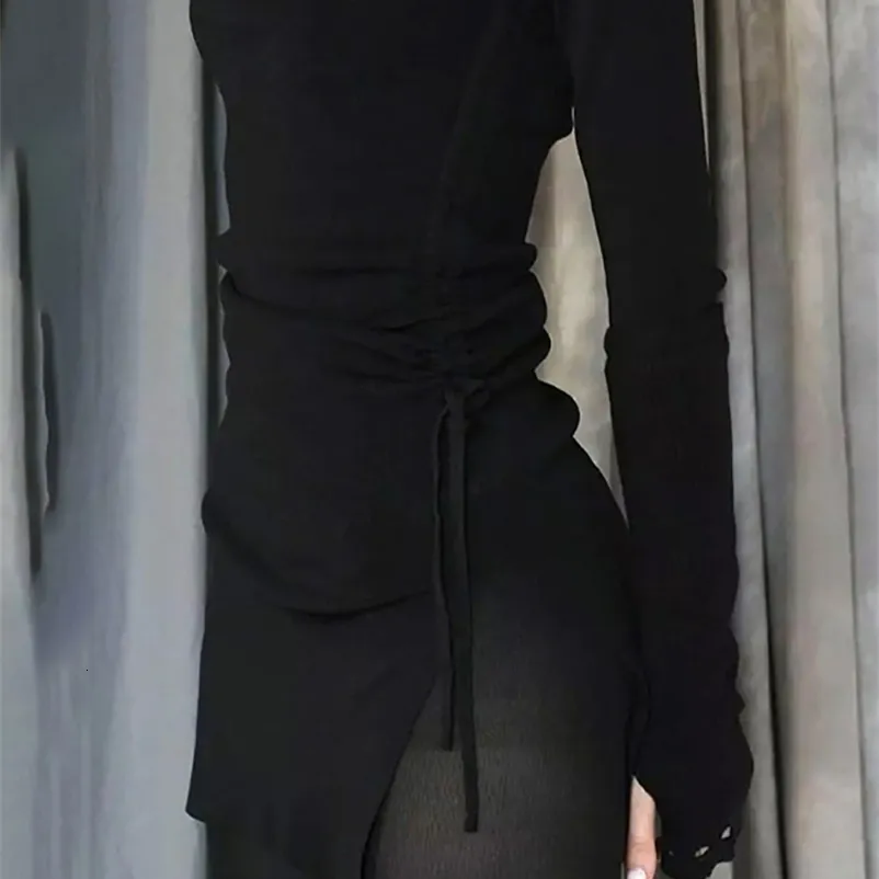 Повседневные платья Гот Dark Mall Gothic Shinking Bodycon Women Mini Y2K Панк черный сплит Сексуальное платье с длинным рукавом Гранж Основная вечеринка 230403