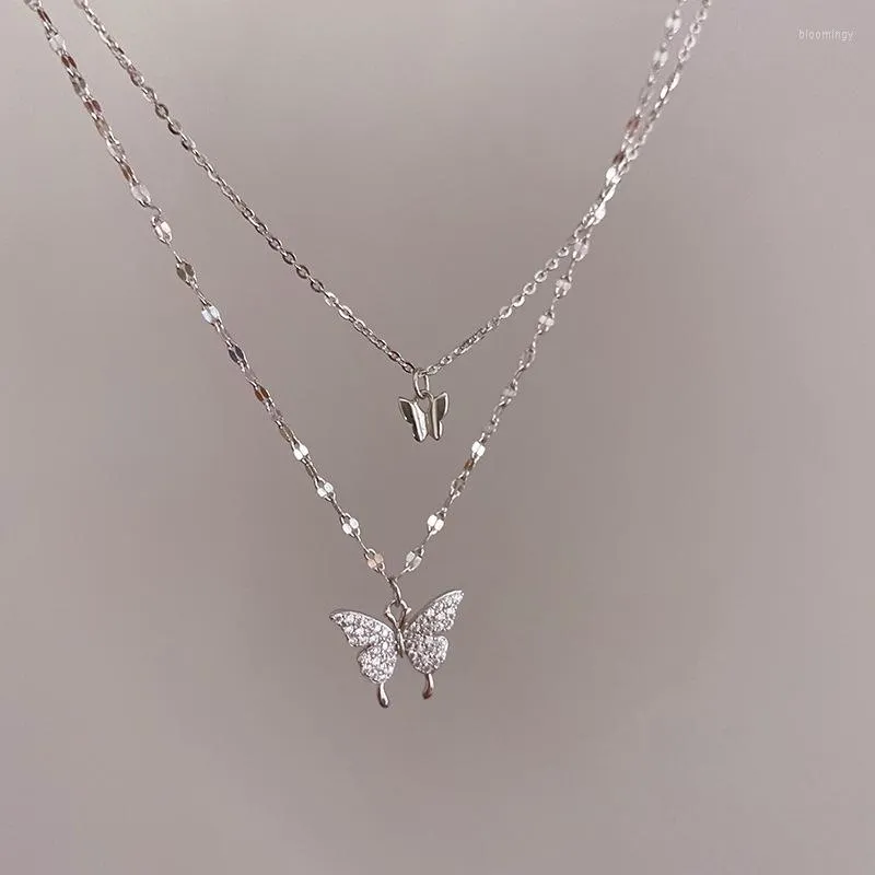 Ketens zilveren kleur dubbele laag zirkoon vlinder charme hangende ketting voor vrouwen Valentijnsdag sieraden choker kraag dz788