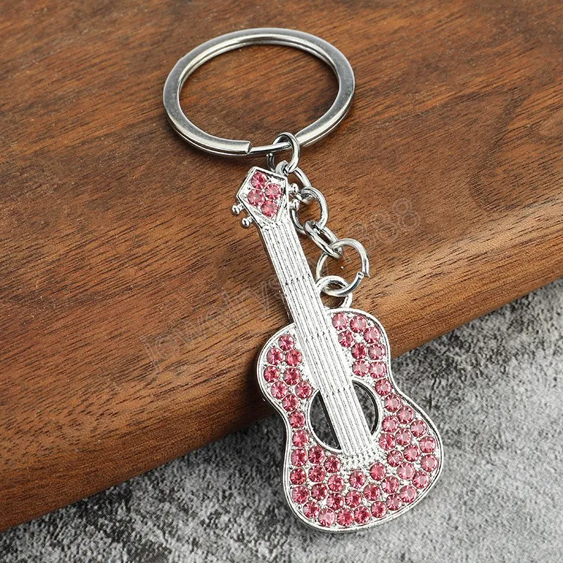 Creative Mini Musical Instrument Keychain Cute Rhinestone Guitar Key Chains Rings For Men Keyring Pendant Bag Car Jewelry Gift