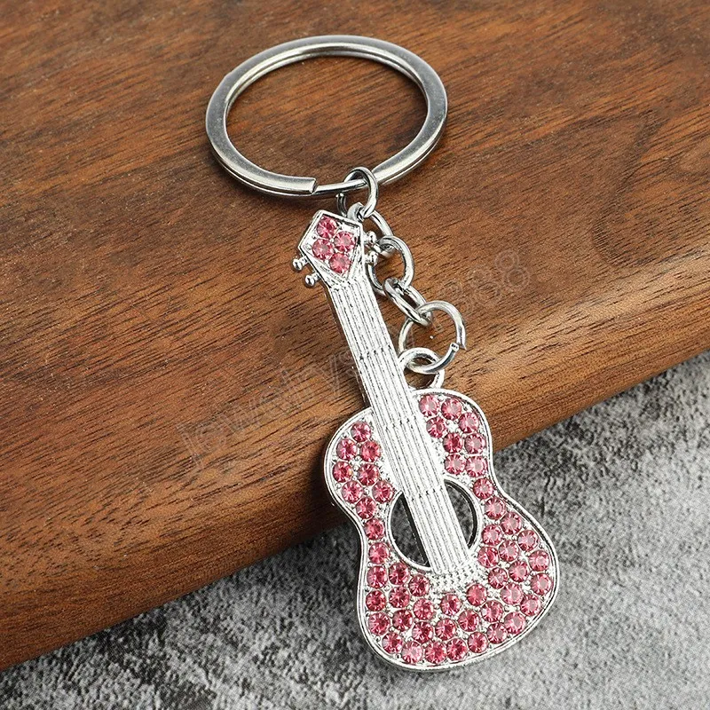 Criativo mini instrumento musical chaveiro bonito strass guitarra chaveiros anéis para homens chaveiro pingente saco carro jóias presente